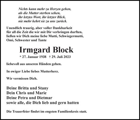 Traueranzeigen Von Irmgard Block Trauer Anzeigen De