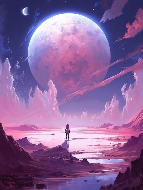 Premium AI Image A Girl Stands On A Cliff Looking At The Moon