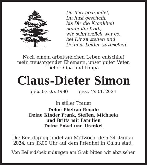 Traueranzeigen Von Claus Dieter Simon Lr Onlinetrauerde