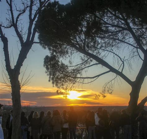 People Together To Enjoy Sunset In The Temple Of Debod In Madrid