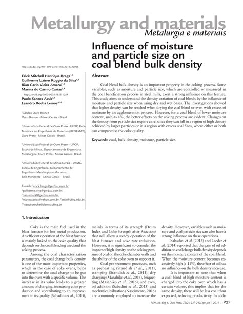 Pdf Influence Of Moisture And Particle Size On Coal Blend Bulk Density