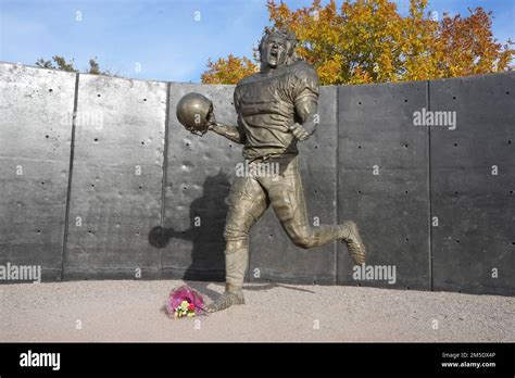 A memorial statue of Pat Tillman at State Farm Stadium reflection pond ...