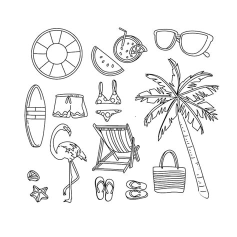 Playa Mano Dibujado Garabato Ilustraciones Vector Conjunto