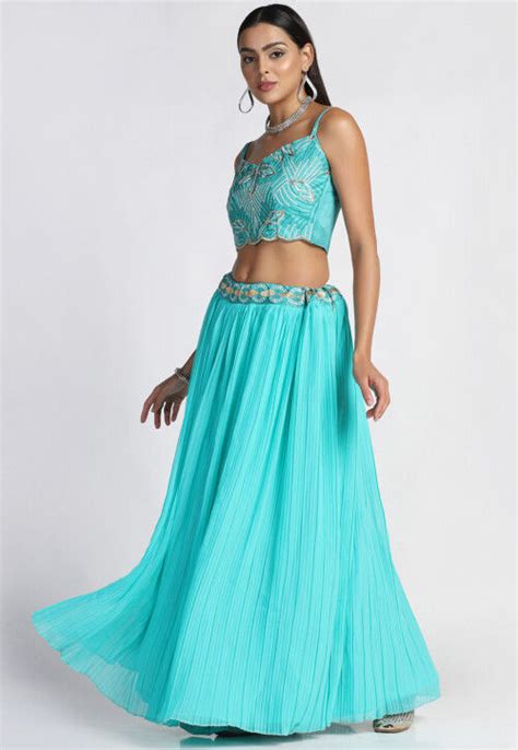 Buy Accordion Pleated Georgette Lehenga In Sky Blue Online LJA185