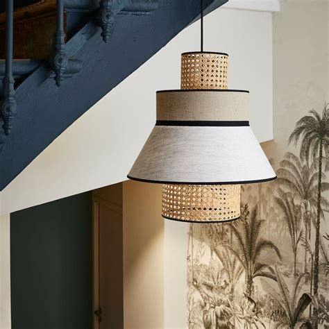 Suspension Singapour GM Nude Blanc En Cannage Lin Naturel Par