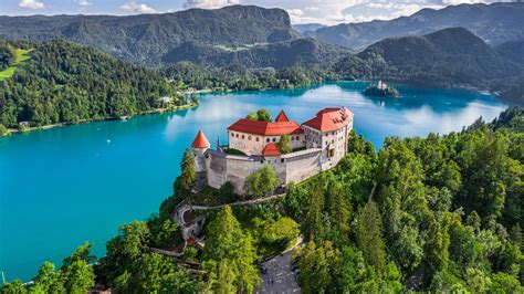 Aerial Panoramic View Of Bled Castle Blejski Grad With Lake Bled