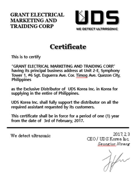 Certificates Grant Electrical Marketing And Trading Corp