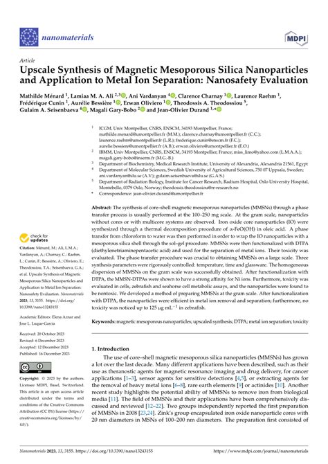 Pdf Upscale Synthesis Of Magnetic Mesoporous Silica Nanoparticles And Application To Metal Ion