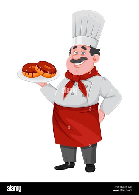 Handsome Chef Cartoon Character Holding Plate With Doughnuts Cheerful Cook In Professional