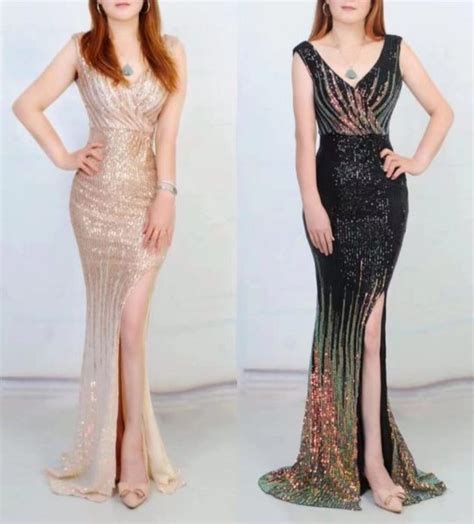 Jual Longdress Sequin V Slit Gold Nude Hitam Gaun Pesta Dress