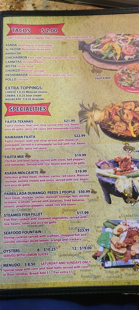 Menu At Taqueria Durango Restaurant Oklahoma City Sw Th St