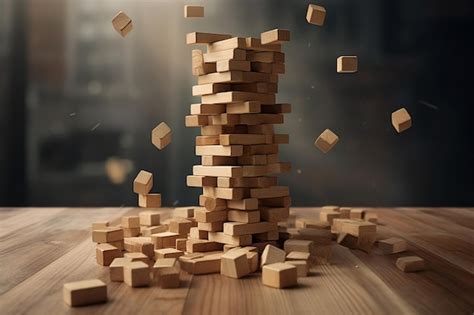 Falling Down Jenga Tower Structure Toys On Top Of Wooden Table