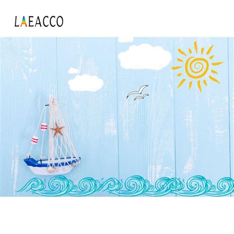 Laeacco Tablones De Madera Azul Barco Mar Beb Patr N De Dibujo