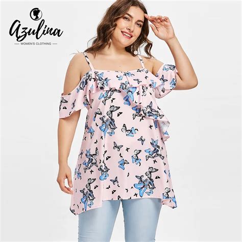 Azulina Plus Size Blouse Summer Cold Shoulder Butterfly Printed Flounce