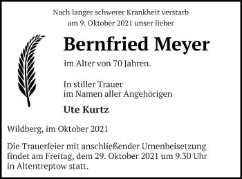 Traueranzeigen Von Bernfried Meyer Trauer Nordkurier