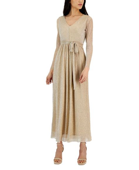 Anne Klein Womens V Neck Pleated Long Sleeve Maxi Dress Macys