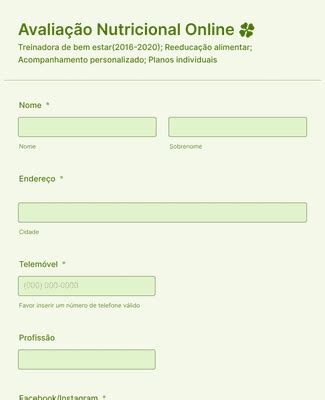 Avaliação Nutricional Online Modelo de Formulário Jotform