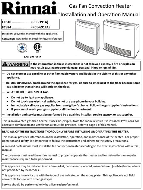 Rinnai Fc824 Installation And Operation Manual Pdf Download Manualslib