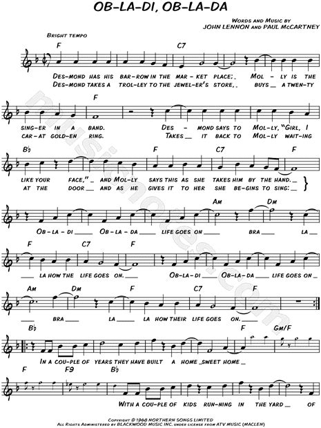 The Beatles Ob La Di Ob La Da Sheet Music Leadsheet In F Major Transposable Download