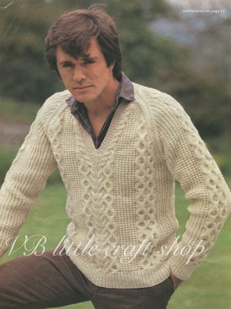 Man S Aran V Neck Sweater Knitting Pattern Instant PDF Etsy