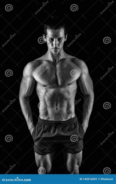 Man Muscular Macho Posing With Bare Torso On Black Background Guy