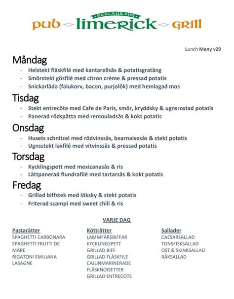 Menu at Limerick Bar & Grill, Södertälje