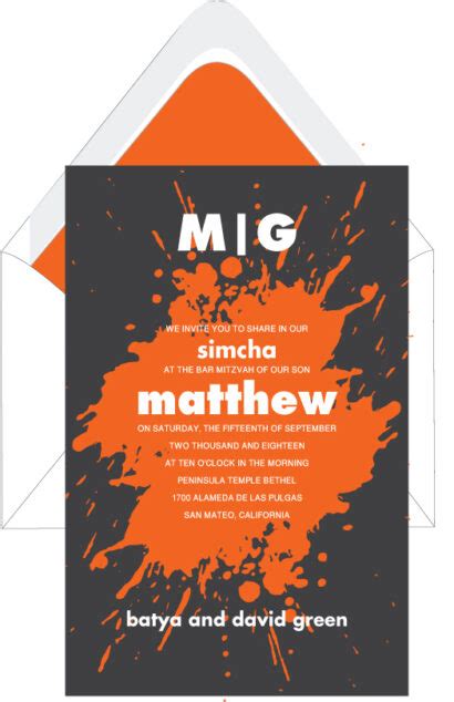 Charcoal And Orange Splash Evite Paperless Bar Mitzvah Invitations