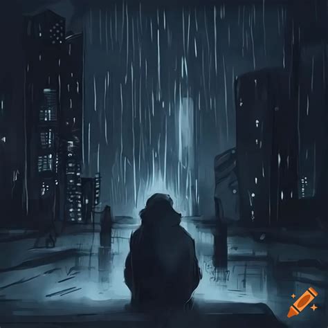 Anime Style Depiction Of A Sad Guy In A Black Hoodie Sitting In A Dark