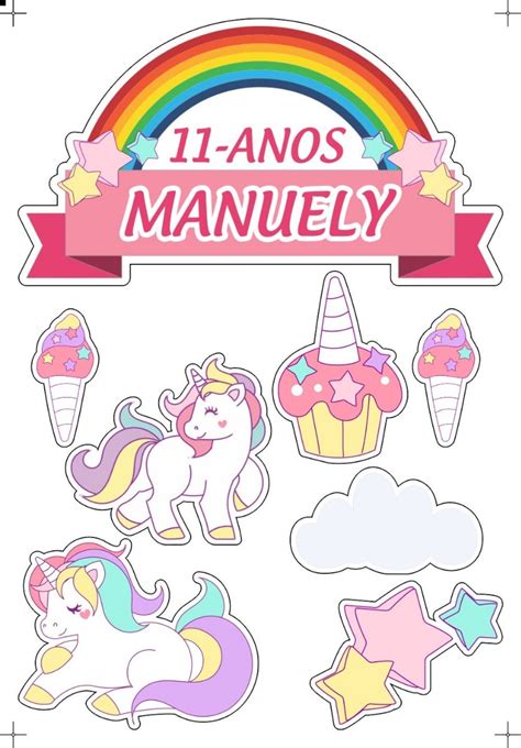 Topper De Bolo Unicórnio Personalizado 1 Kit 8 Peças R 19 99 Em Mercado Livre