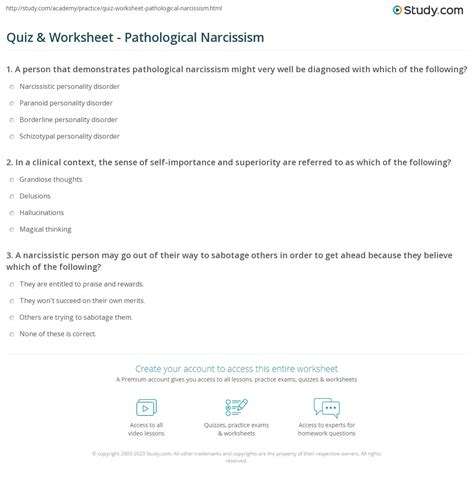 Quiz Worksheet Pathological Narcissism Study