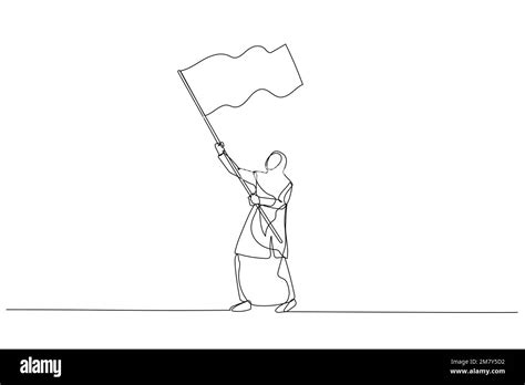 Drawing Of Muslim Woman Enterpreneur With Flag Continuous Line Art