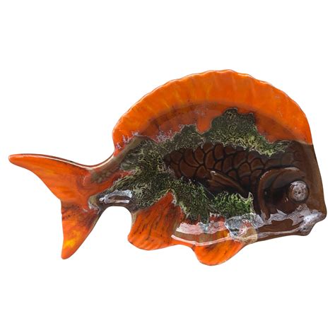 French Vintage 1960s70s Orange And Brown Vallauris Large Ceramic Fish