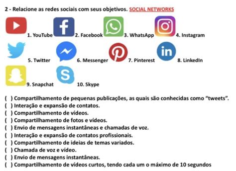 questão de inglês relacione as redes sociais seus objetivos