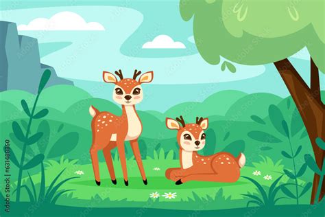 Baby Deers Background Cute Cartoon Fawn Baby Deer Standing And Lying