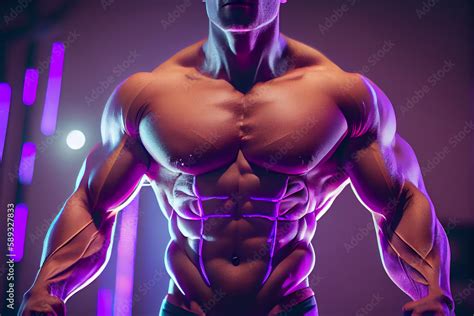 Muscular Man Torso Bodybuilder Is Posing In The Colorful Neon Light