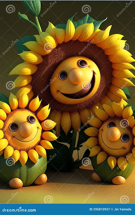 3d Render of Funny Sunflowers with Smiley Faces. Stock Illustration ...