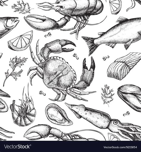 Hand Drawn Seafood Pattern Vintage Royalty Free Vector Image