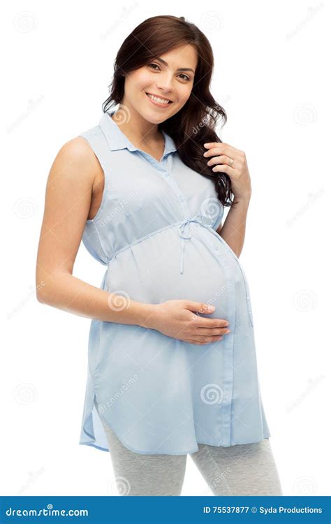 Mulher Gravida Feliz Que Toca Em Sua Barriga Grande Imagem De Stock