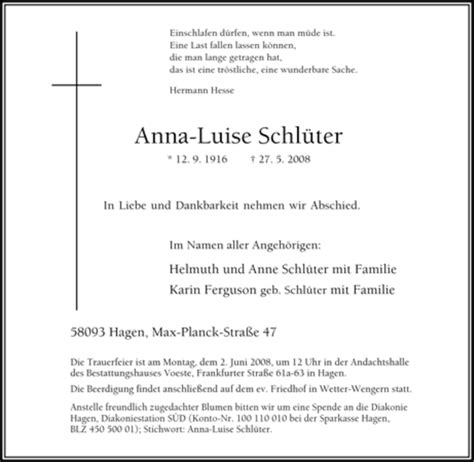 Traueranzeigen Von Anna Luise Schl Ter Trauer In Nrw De