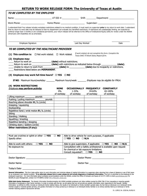 Printable Medical Return To Work Form Printable Forms Free Online