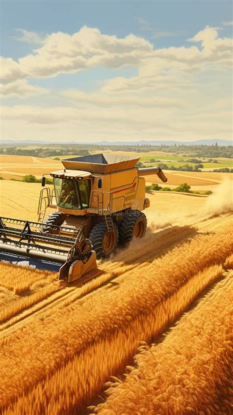 An Aerial View Of A Combine Harvester Harvesting Wheat At Sunset Stock