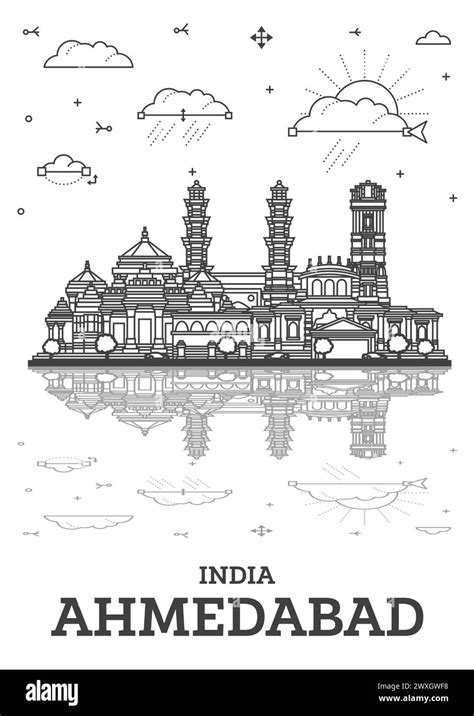 Outline Ahmedabad India City Skyline With Historic Buildings And