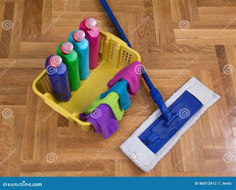 Cleaning Supplies And Equipment On Floor Stock Photo Image Of