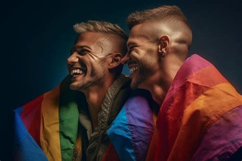 Premium AI Image Expressive Pride Photo Of A Gay Couple With Rainbow Flag Pride Month