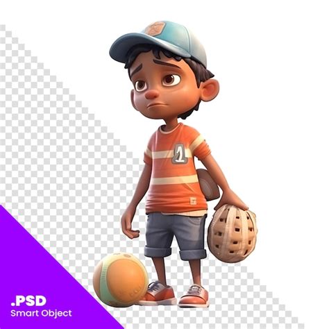 Renderização 3D de menino mascote de beisebol e modelo PSD de bola