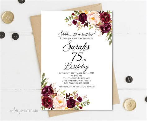 Surprise 75th Birthday Invitation Women Birthday Burgundy Etsy