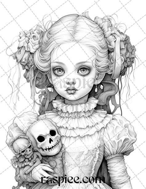 50 Scary Victorian Dolls Grayscale Coloring Pages Printable For Adults