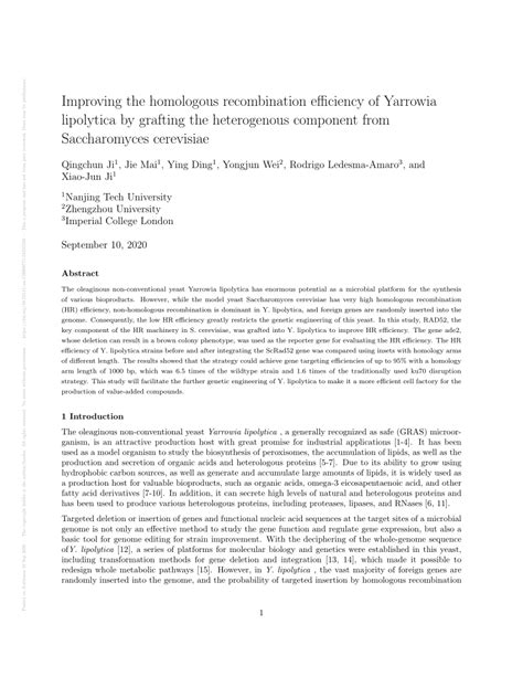 Pdf Improving The Homologous Recombination Efficiency Of Yarrowia