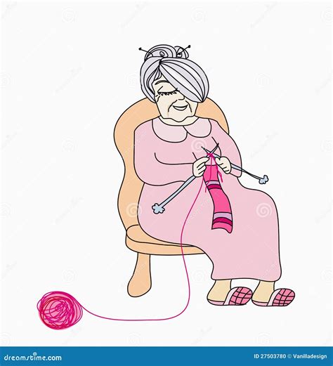 Old Woman Knitting Flat Vector Illustration Aged Lady Grandmother Cartoon Character Granny