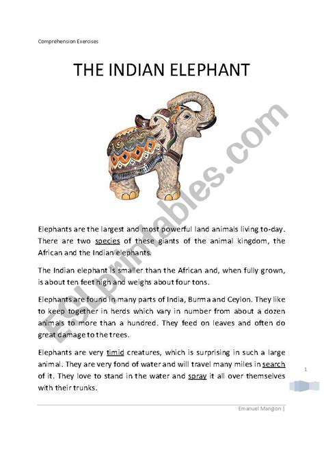 The Indian Elephant Reading Comprehension Esl Worksheet By Gomu